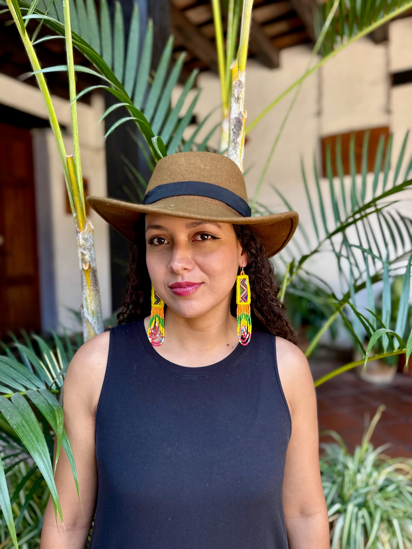 Handmade Beaded Earrings with Ceremonial Textile from Aguacatán and Clay Bead Drops, yellow rectangle