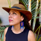 Handmade Beaded Earrings with Ceremonial Textile from Aguacatán and Clay Bead Drops, navy square