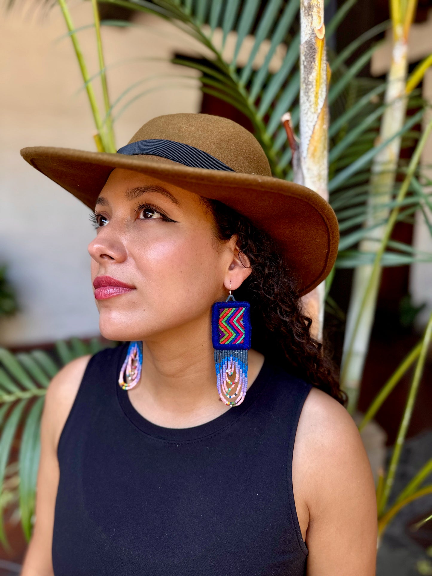 Handmade Beaded Earrings with Ceremonial Textile from Aguacatán and Clay Bead Drops, navy square