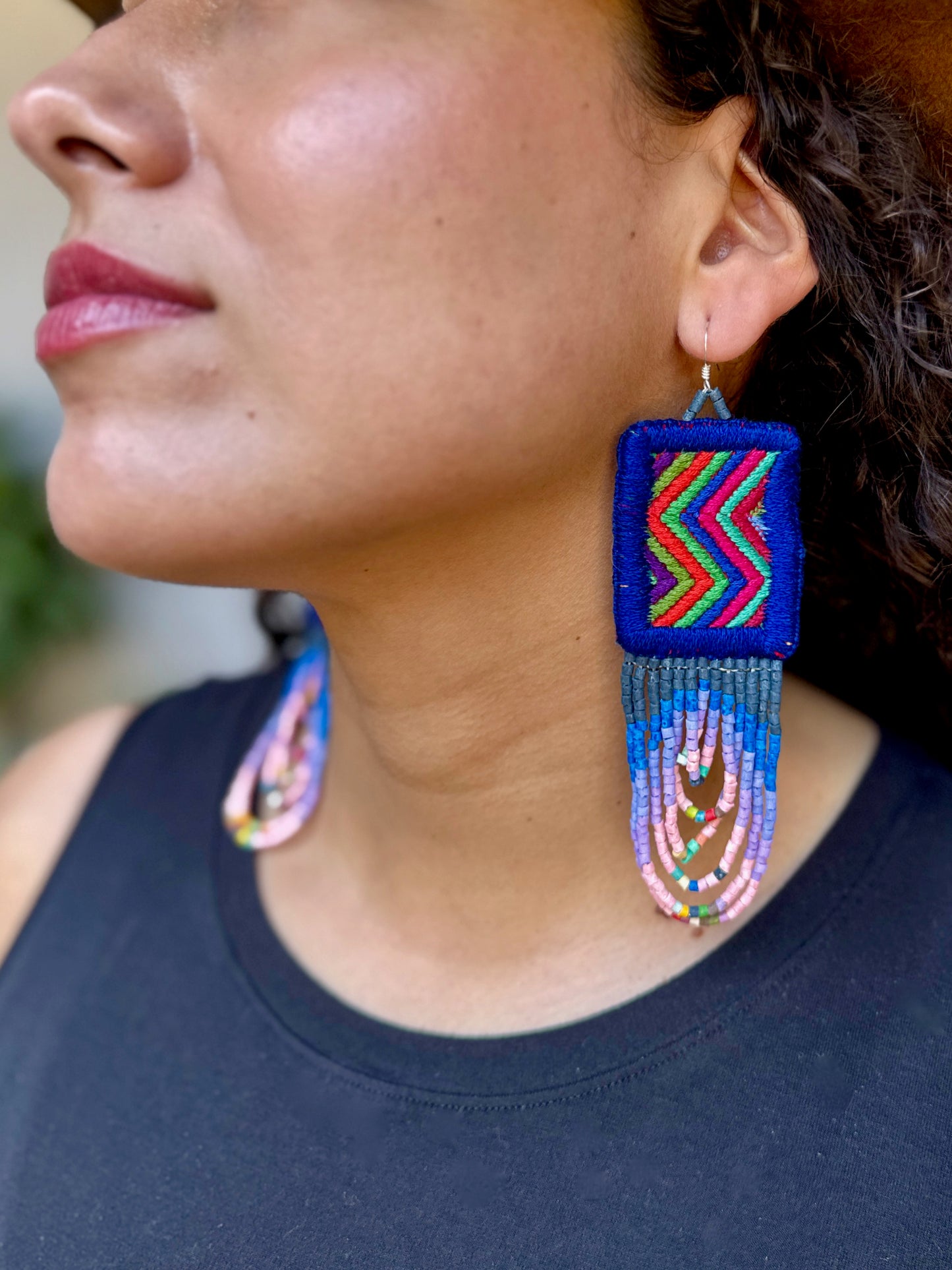 Handmade Beaded Earrings with Ceremonial Textile from Aguacatán and Clay Bead Drops, navy square