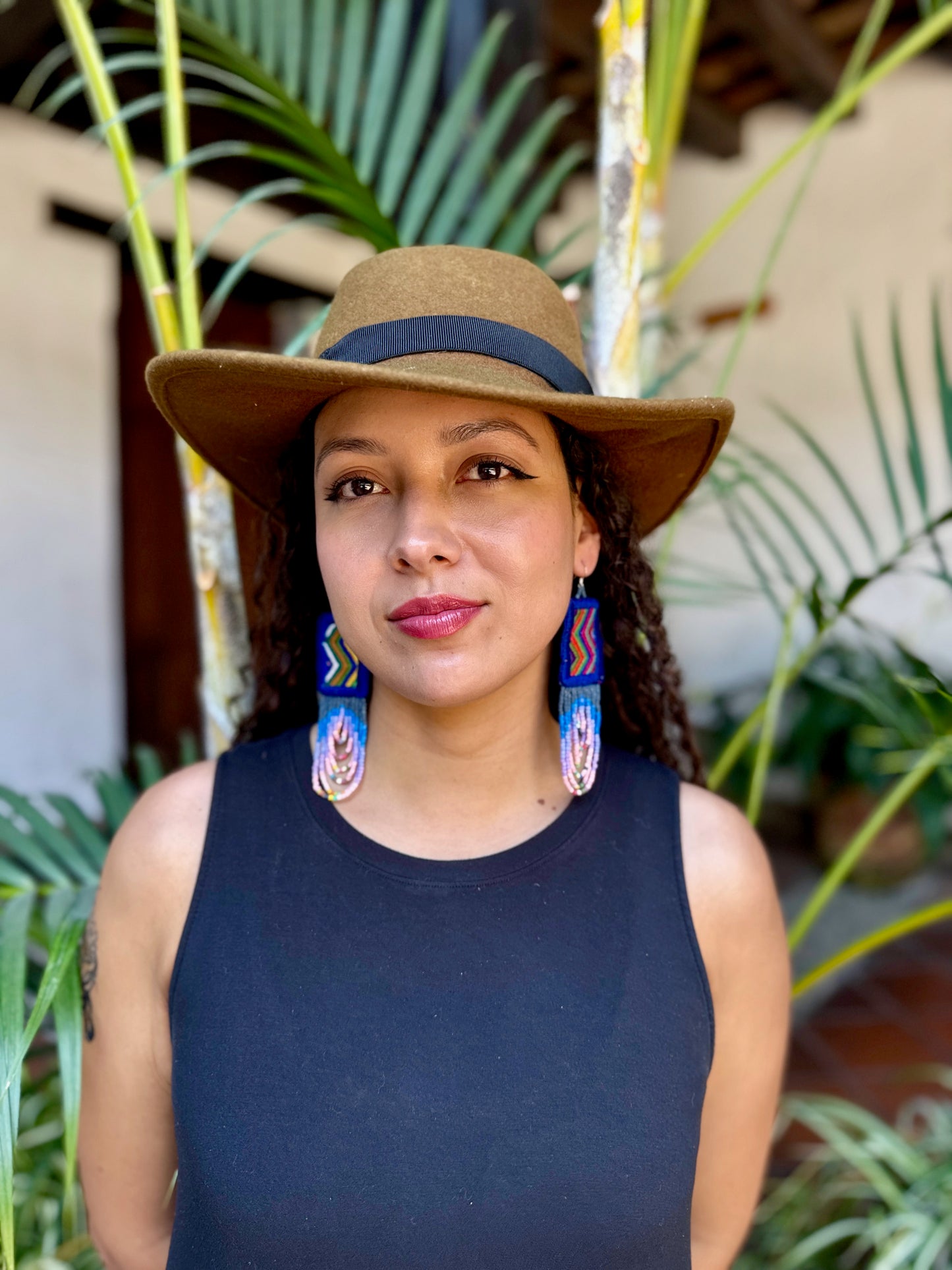 Handmade Beaded Earrings with Ceremonial Textile from Aguacatán and Clay Bead Drops, navy square