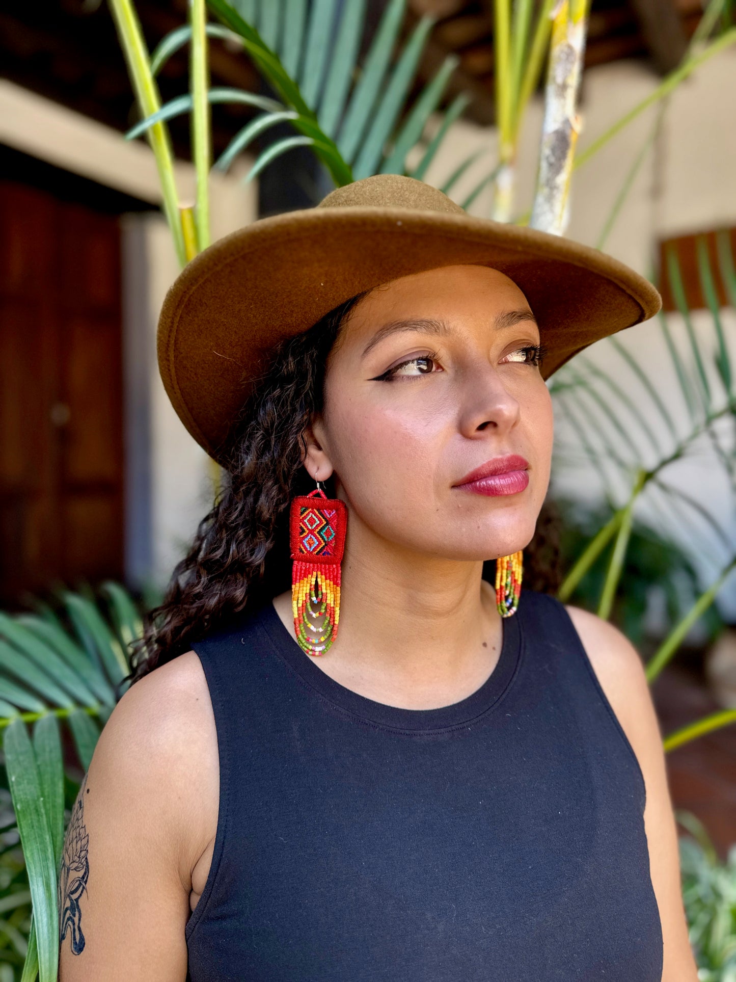 Handmade Beaded Earrings with Ceremonial Textile from Aguacatán and Clay Bead Drops, red square