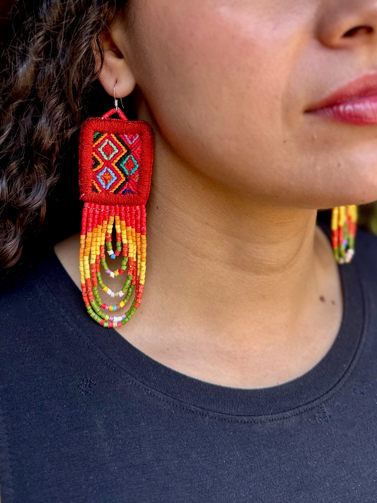 Handmade Beaded Earrings with Ceremonial Textile from Aguacatán and Clay Bead Drops, red square
