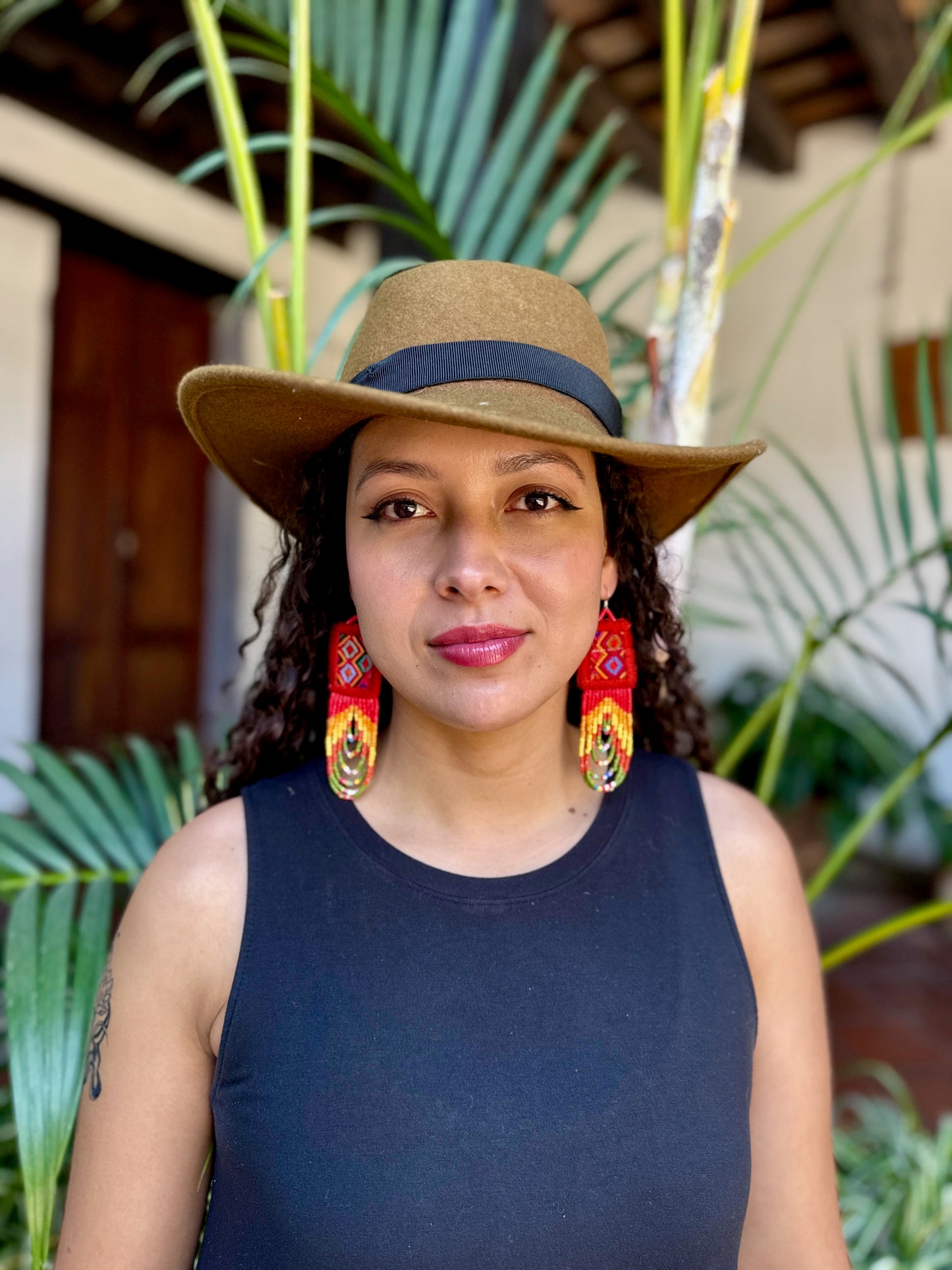 Handmade Beaded Earrings with Ceremonial Textile from Aguacatán and Clay Bead Drops, red square