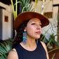 Handmade Beaded Earrings with Ceremonial Textile from Aguacatán and Clay Bead Drops, celeste square