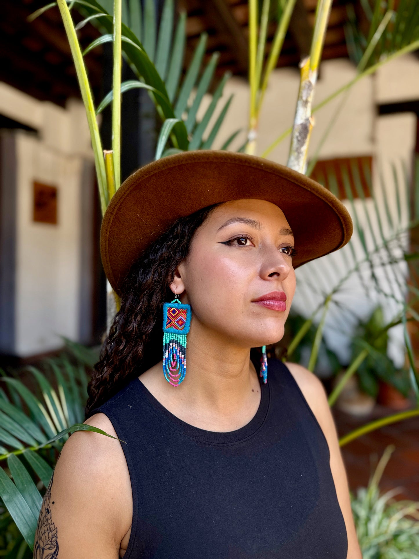 Handmade Beaded Earrings with Ceremonial Textile from Aguacatán and Clay Bead Drops, celeste square