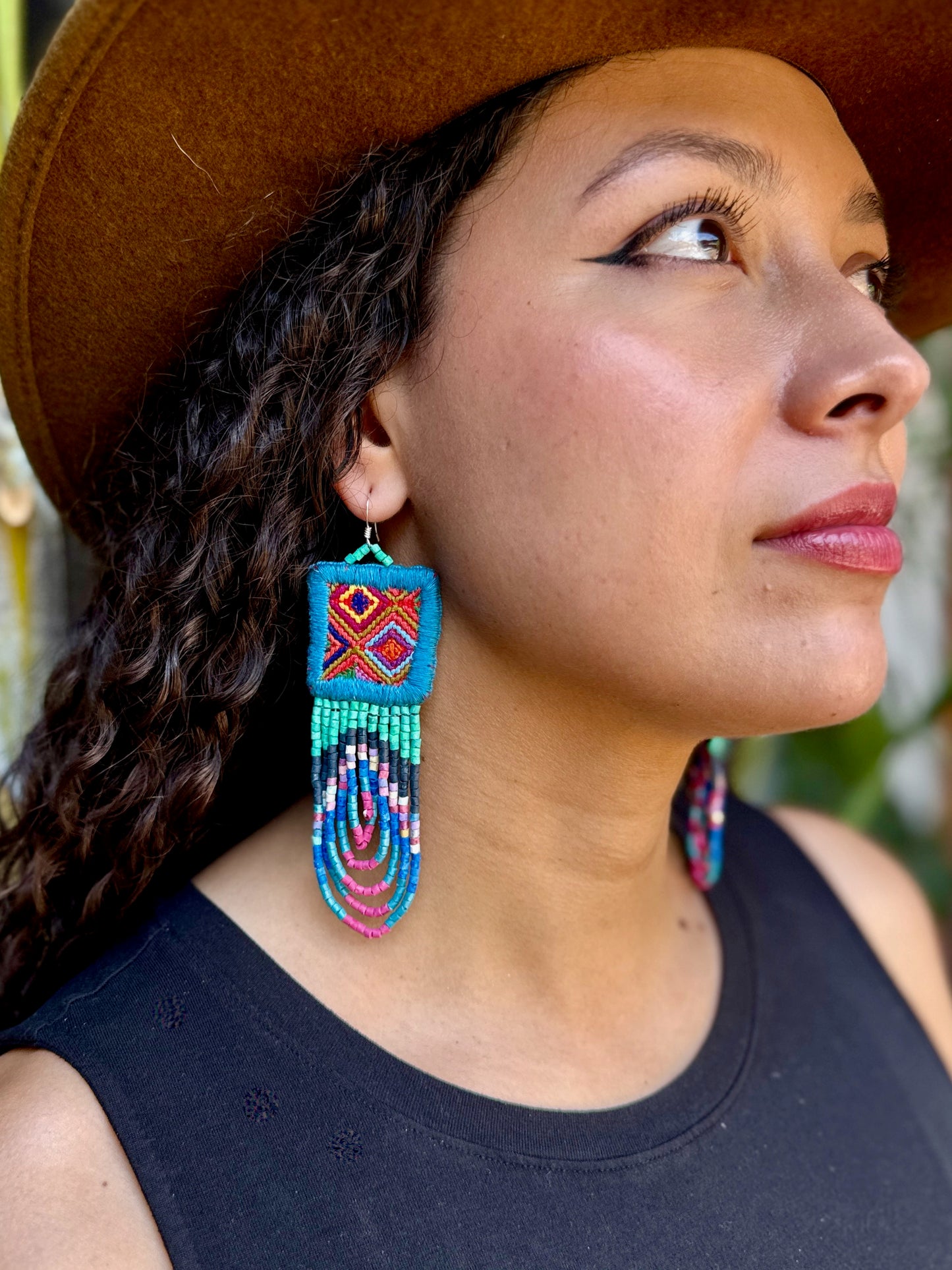 Handmade Beaded Earrings with Ceremonial Textile from Aguacatán and Clay Bead Drops, celeste square