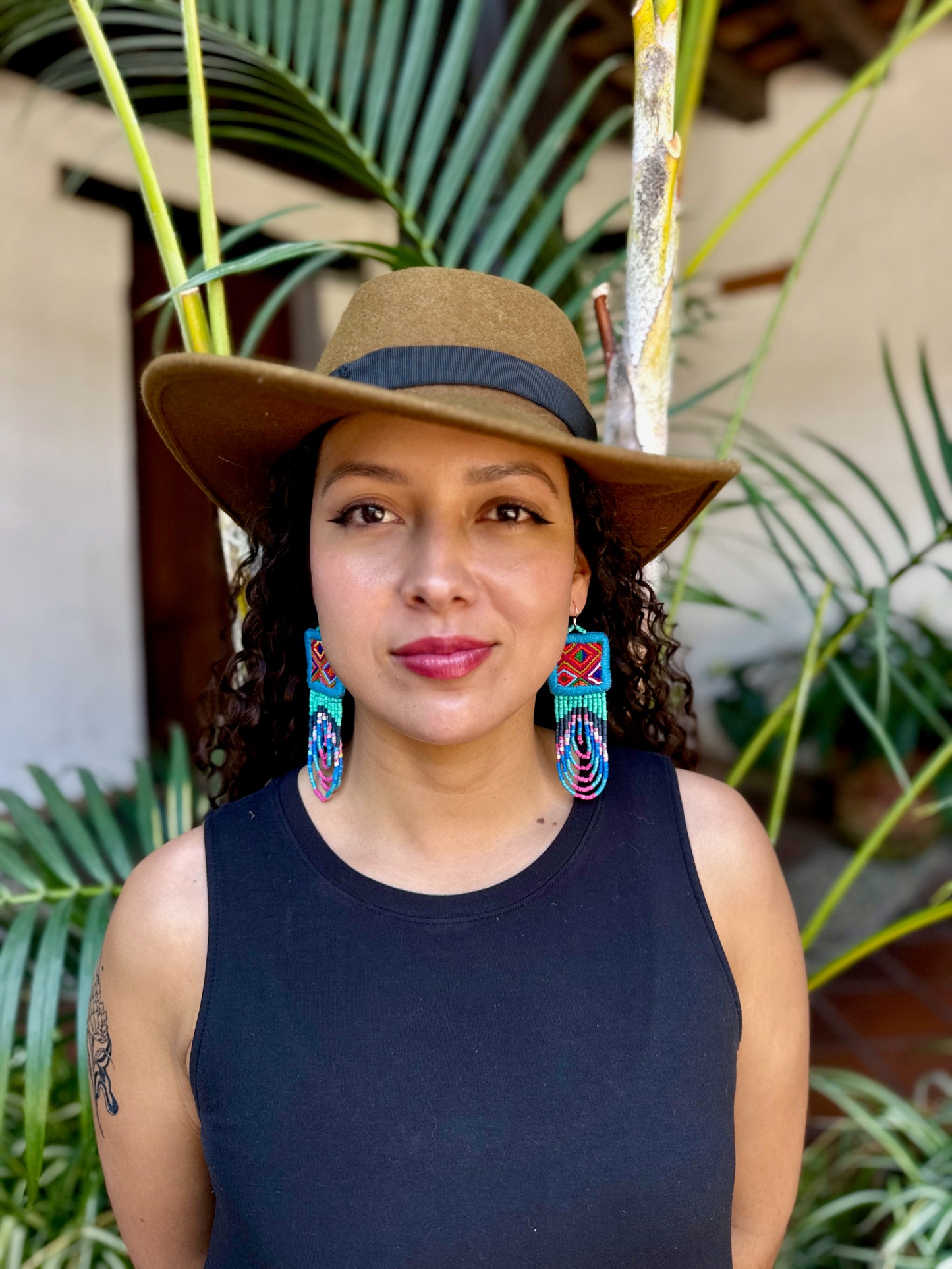Handmade Beaded Earrings with Ceremonial Textile from Aguacatán and Clay Bead Drops, celeste square