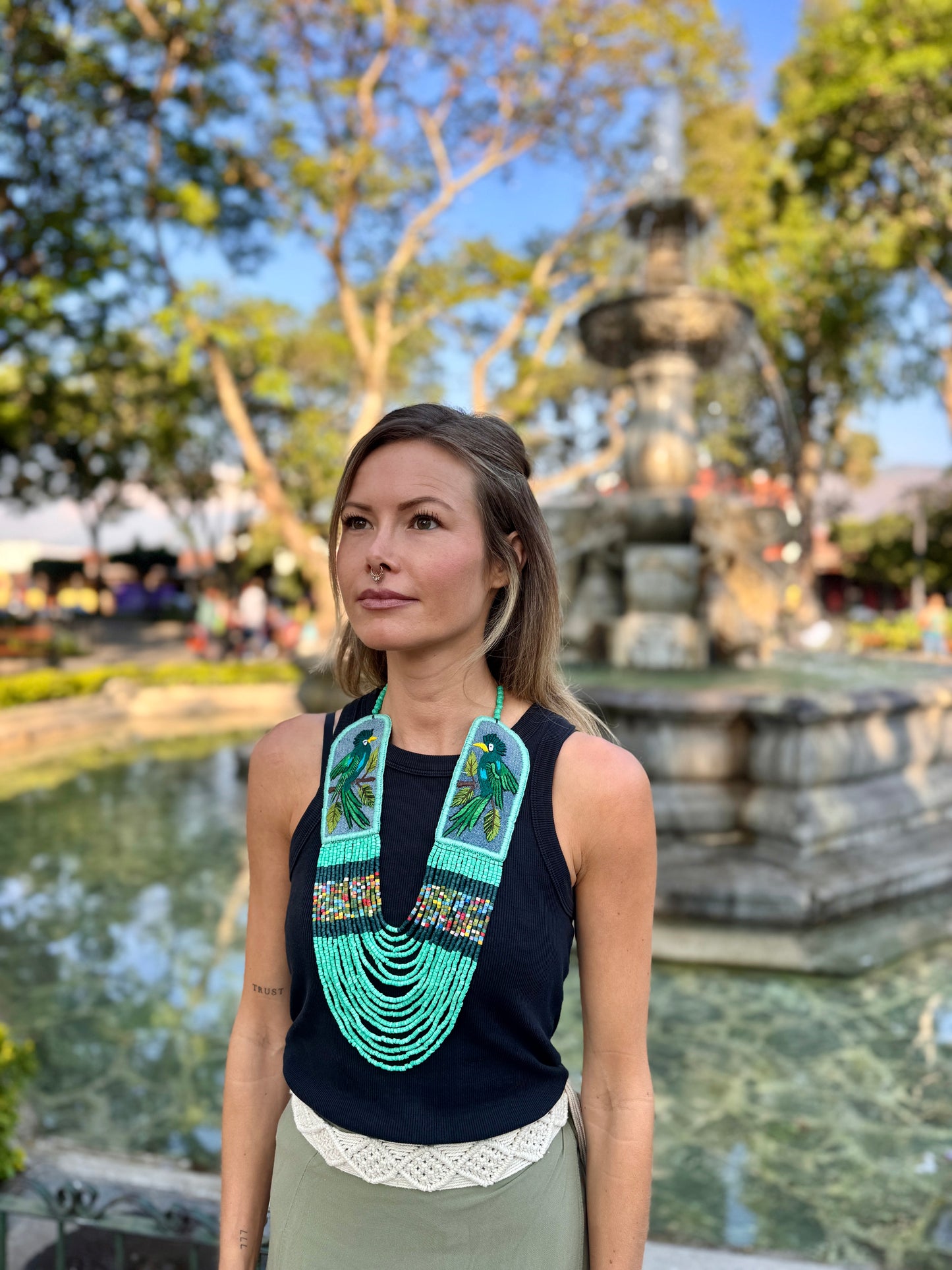Adjustable Necklace with Guatemalan Bird Quetzal Embroidery from Santiago with Ceramic Beads, turquesa