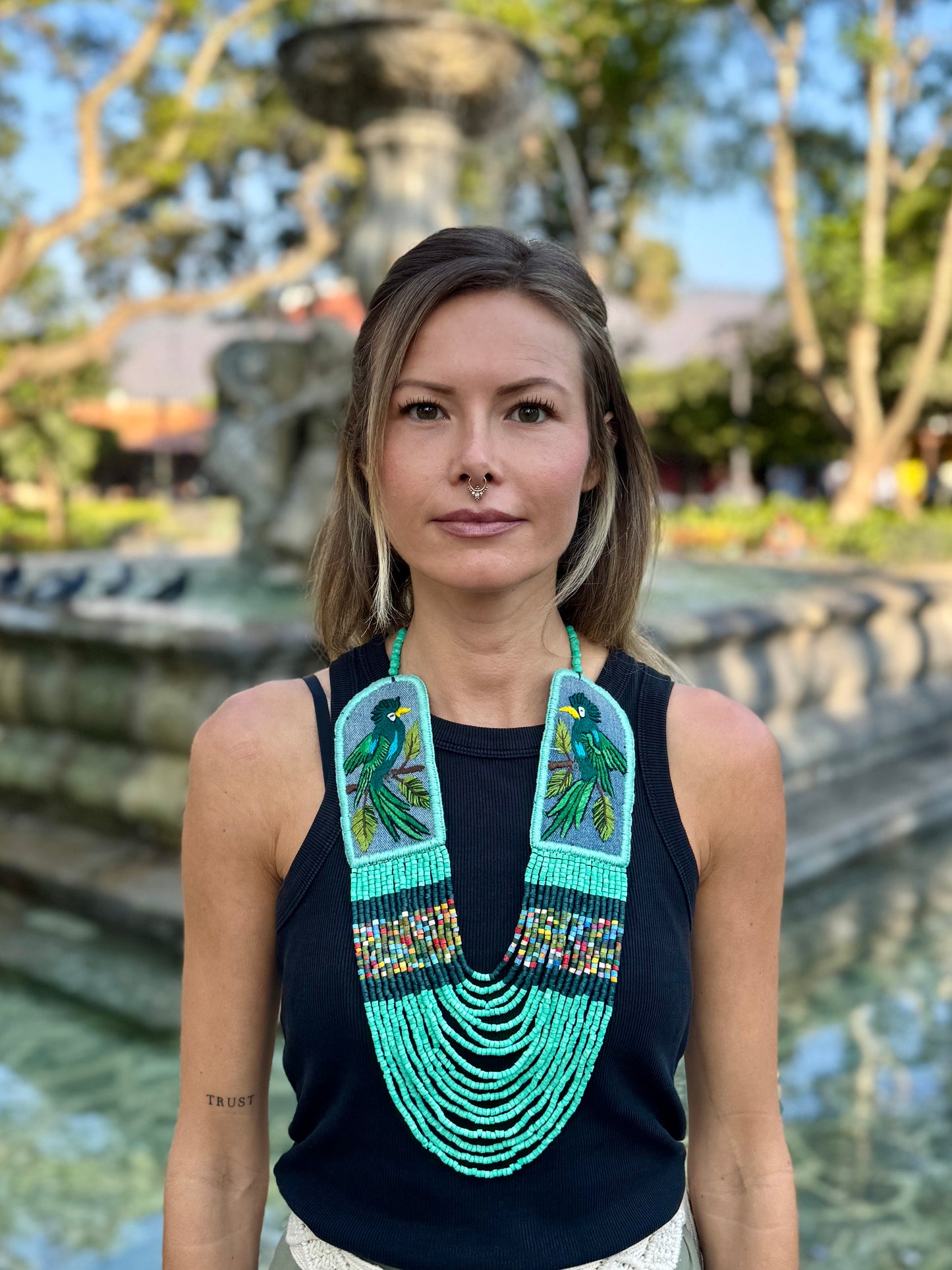 Adjustable Necklace with Guatemalan Bird Quetzal Embroidery from Santiago with Ceramic Beads, turquesa