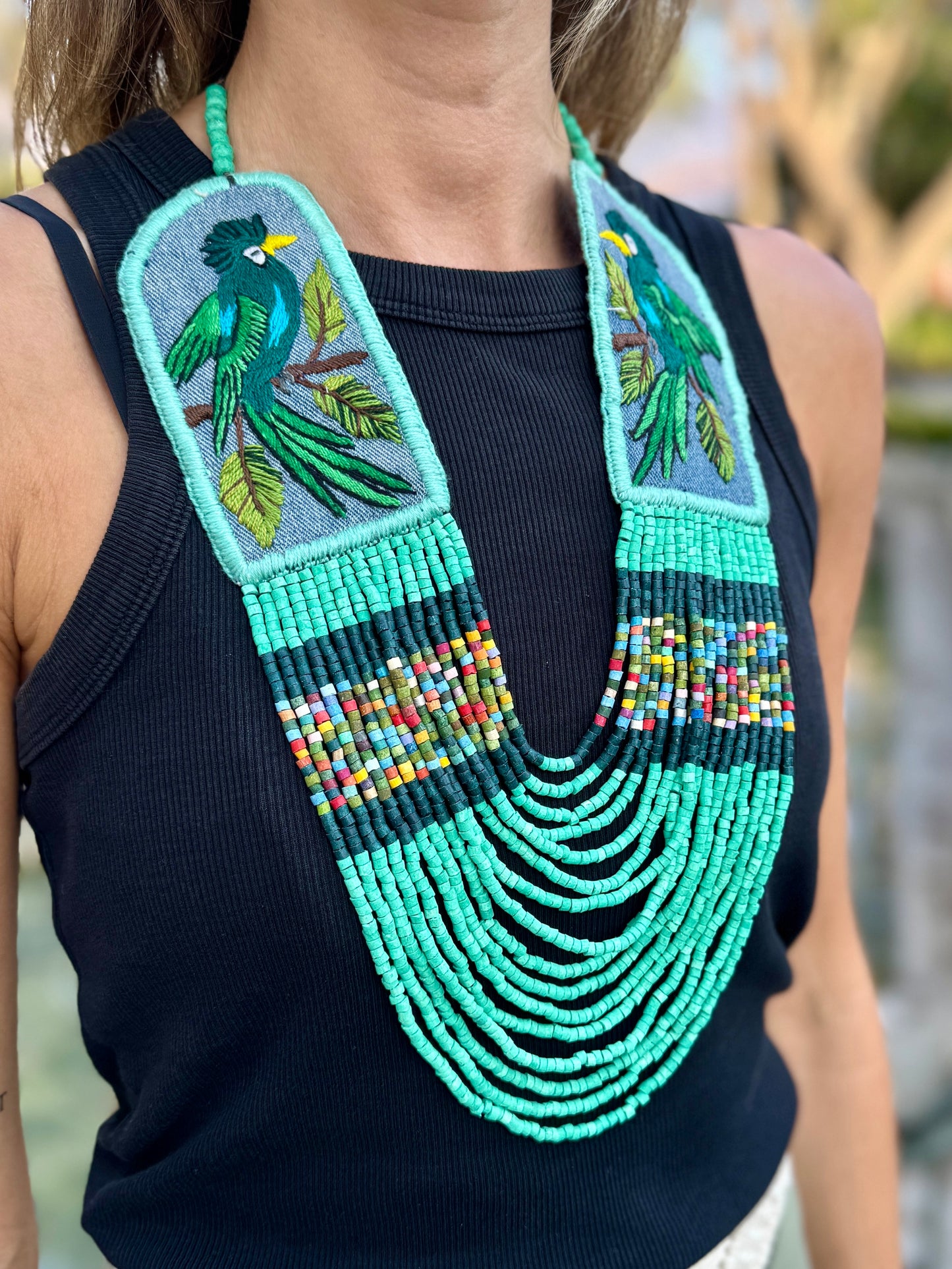 Adjustable Necklace with Guatemalan Bird Quetzal Embroidery from Santiago with Ceramic Beads, turquesa
