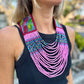 Adjustable Necklace with Guatemalan Bird Embroidery from Santiago with Ceramic Beads, pink