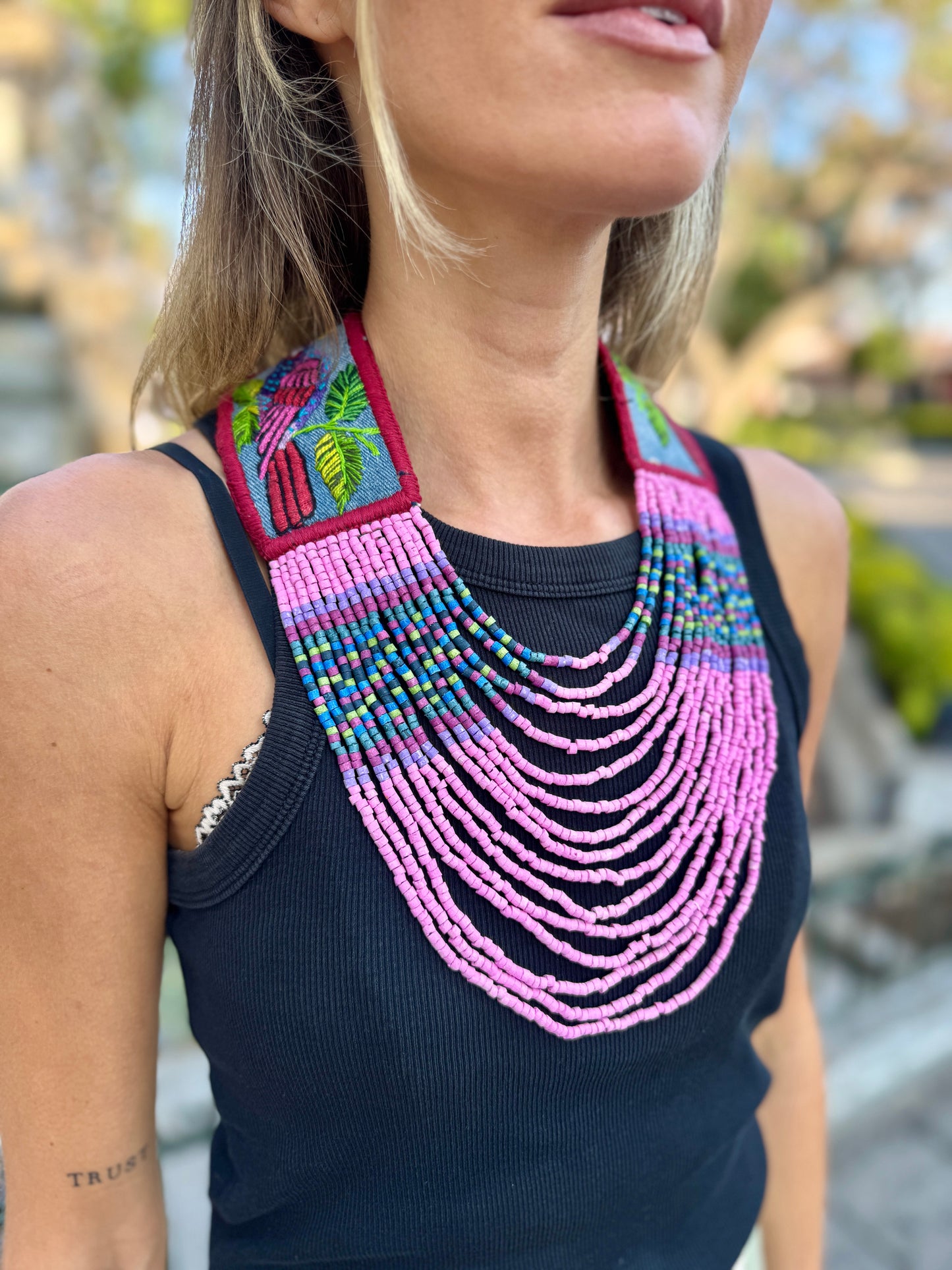 Adjustable Necklace with Guatemalan Bird Embroidery from Santiago with Ceramic Beads, pink