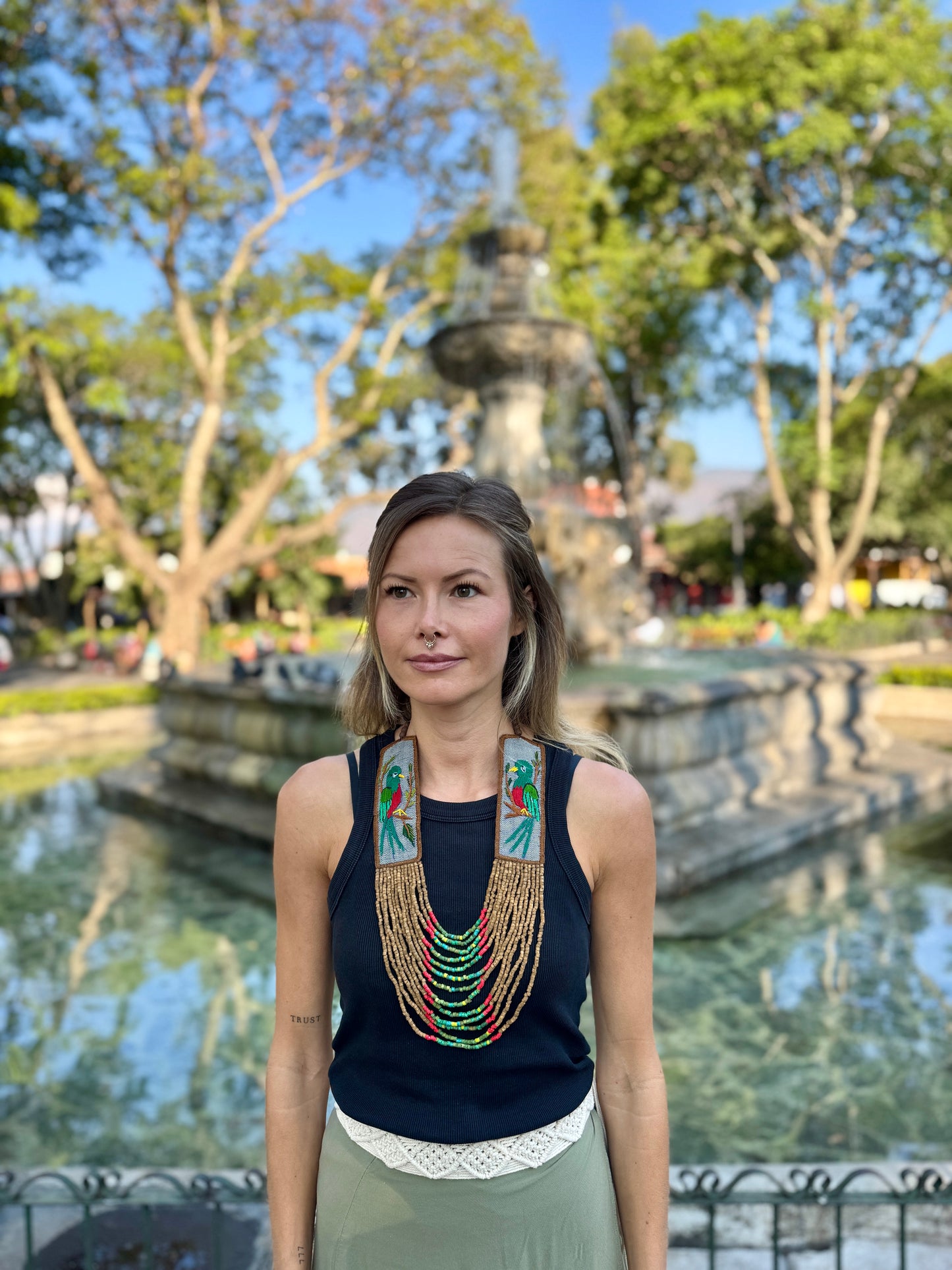 Adjustable Necklace with Guatemalan Bird Quetzal Embroidery from Santiago with Ceramic Beads, verde cafe