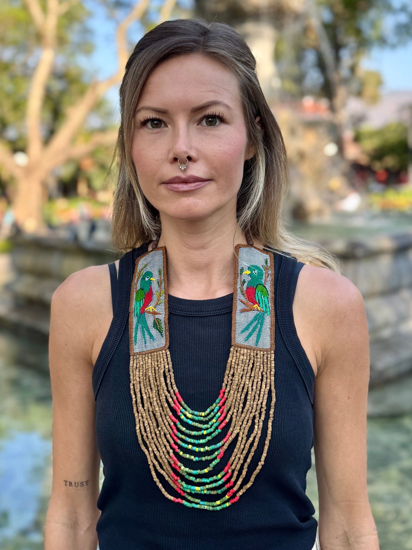 Adjustable Necklace with Guatemalan Bird Quetzal Embroidery from Santiago with Ceramic Beads, verde cafe