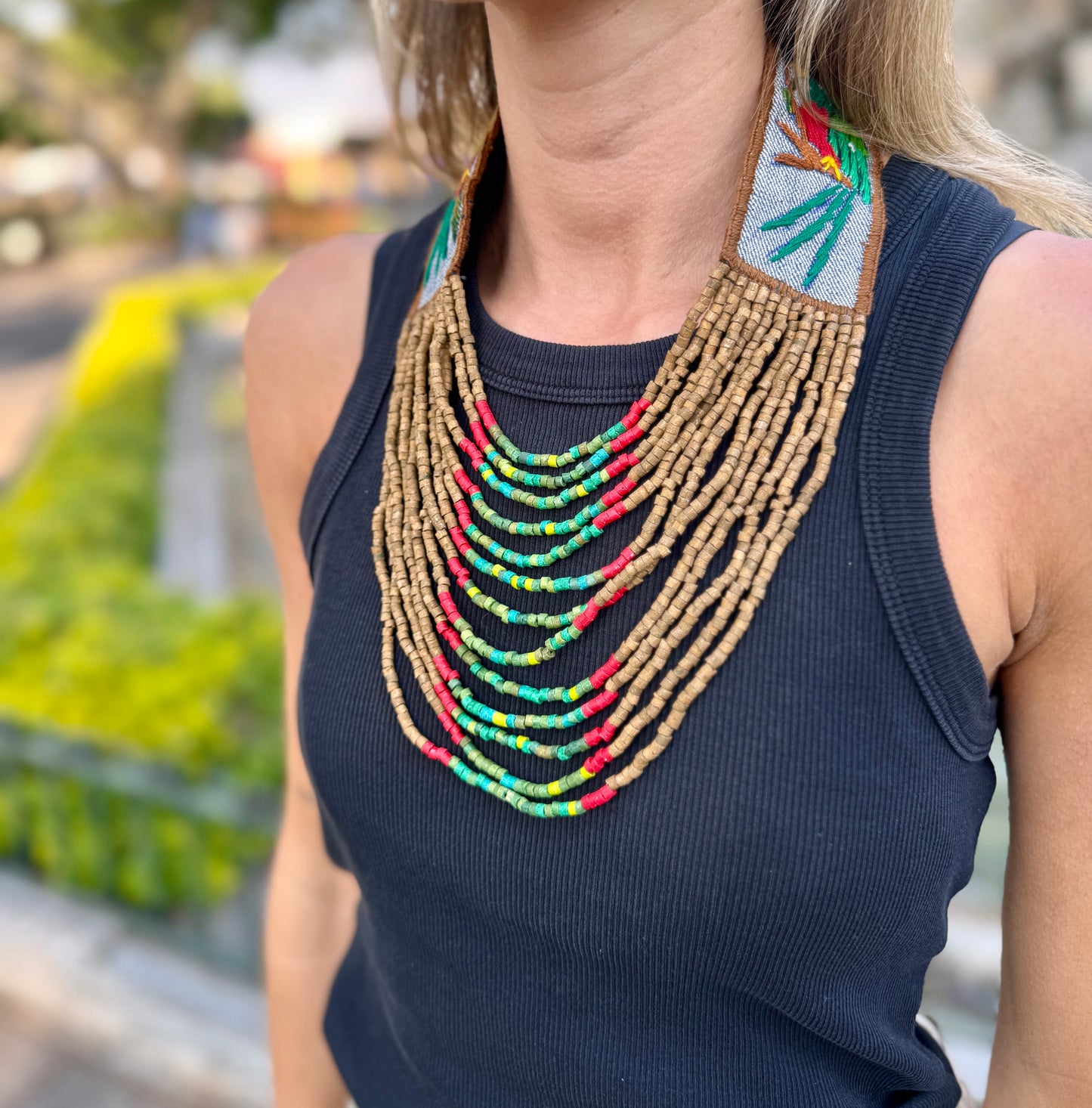 Adjustable Necklace with Guatemalan Bird Quetzal Embroidery from Santiago with Ceramic Beads, verde cafe