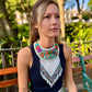 Bib Necklace with Guatemalan Butterfly Embroidery from Santiago with Ceramic Bead Fringes, white/denim