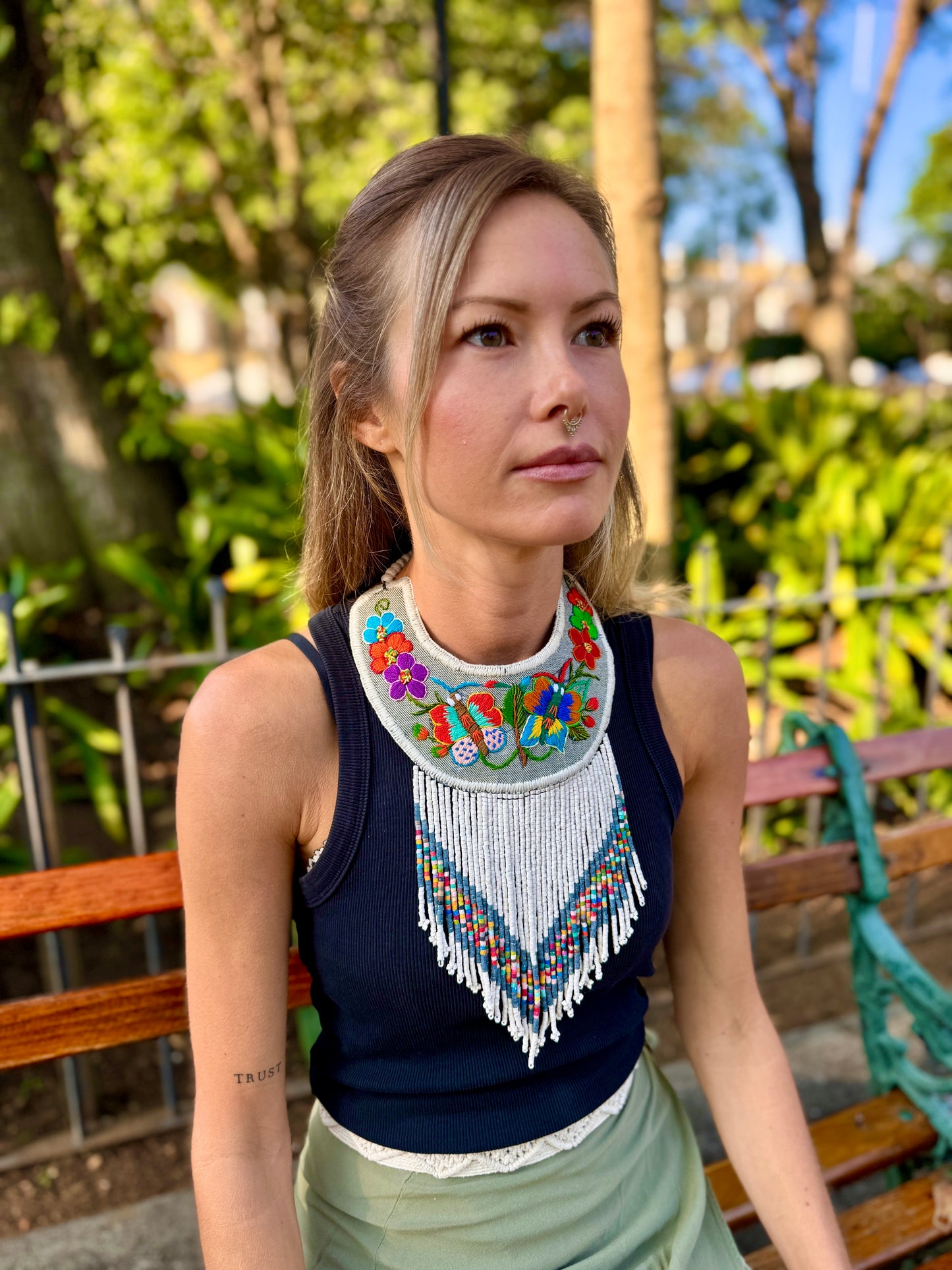 Bib Necklace with Guatemalan Butterfly Embroidery from Santiago with Ceramic Bead Fringes, white/denim