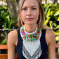 Bib Necklace with Guatemalan Butterfly Embroidery from Santiago with Ceramic Bead Fringes, white/denim