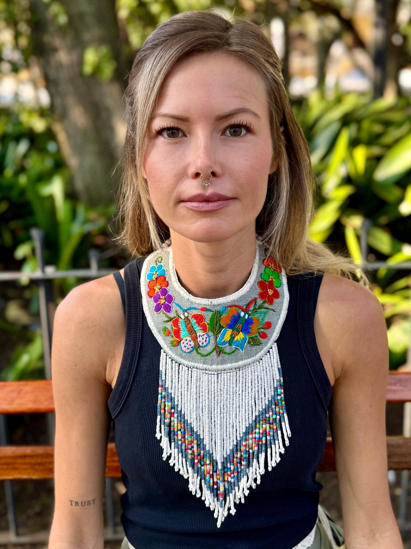 Bib Necklace with Guatemalan Butterfly Embroidery from Santiago with Ceramic Bead Fringes, white/denim
