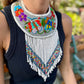 Bib Necklace with Guatemalan Butterfly Embroidery from Santiago with Ceramic Bead Fringes, white/denim