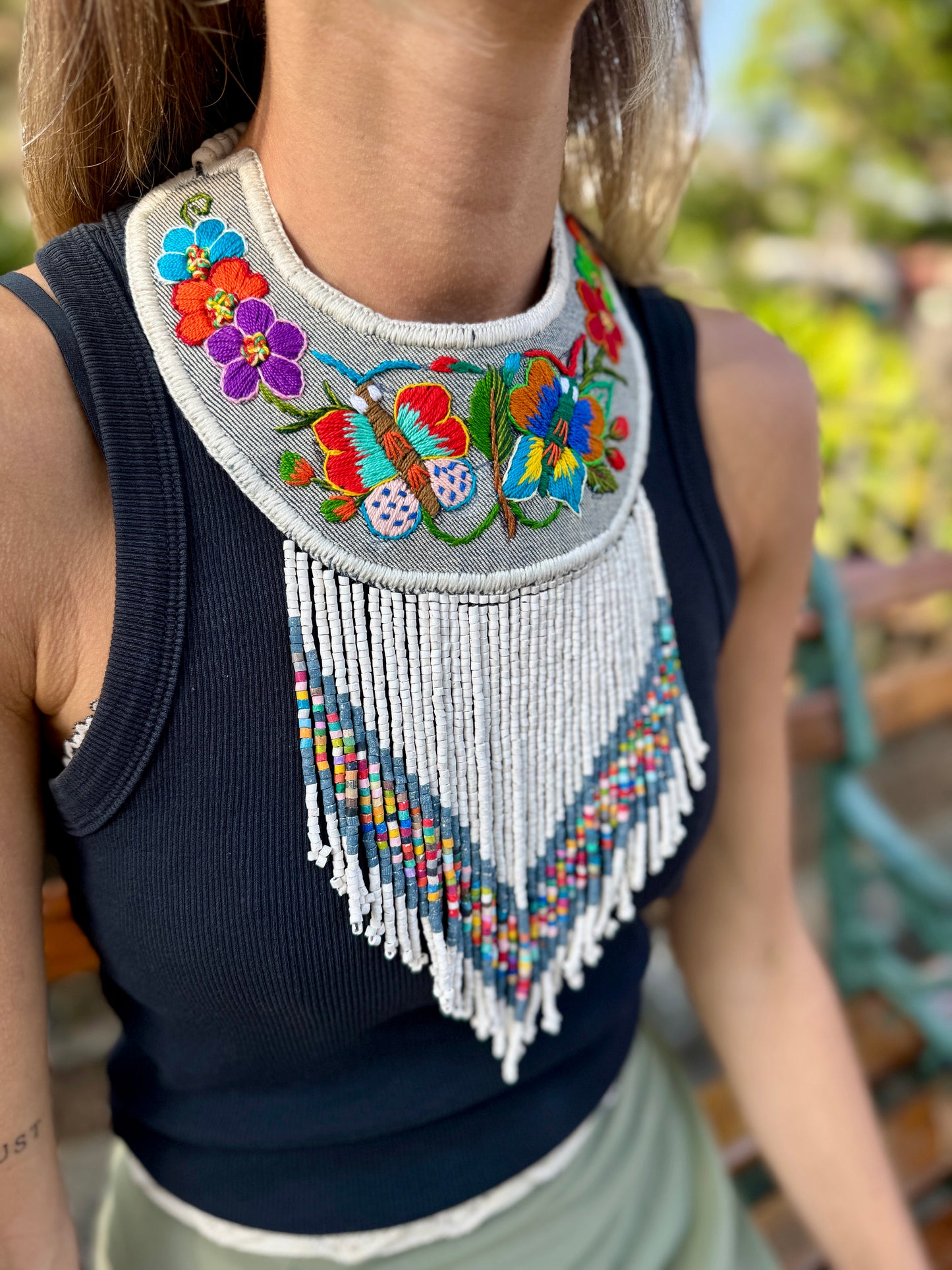 Bib Necklace with Guatemalan Butterfly Embroidery from Santiago with Ceramic Bead Fringes, white/denim
