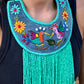 Bib Necklace with Guatemalan Bird Quetzales Embroidery from Santiago with Ceramic Bead Fringes, turquesa