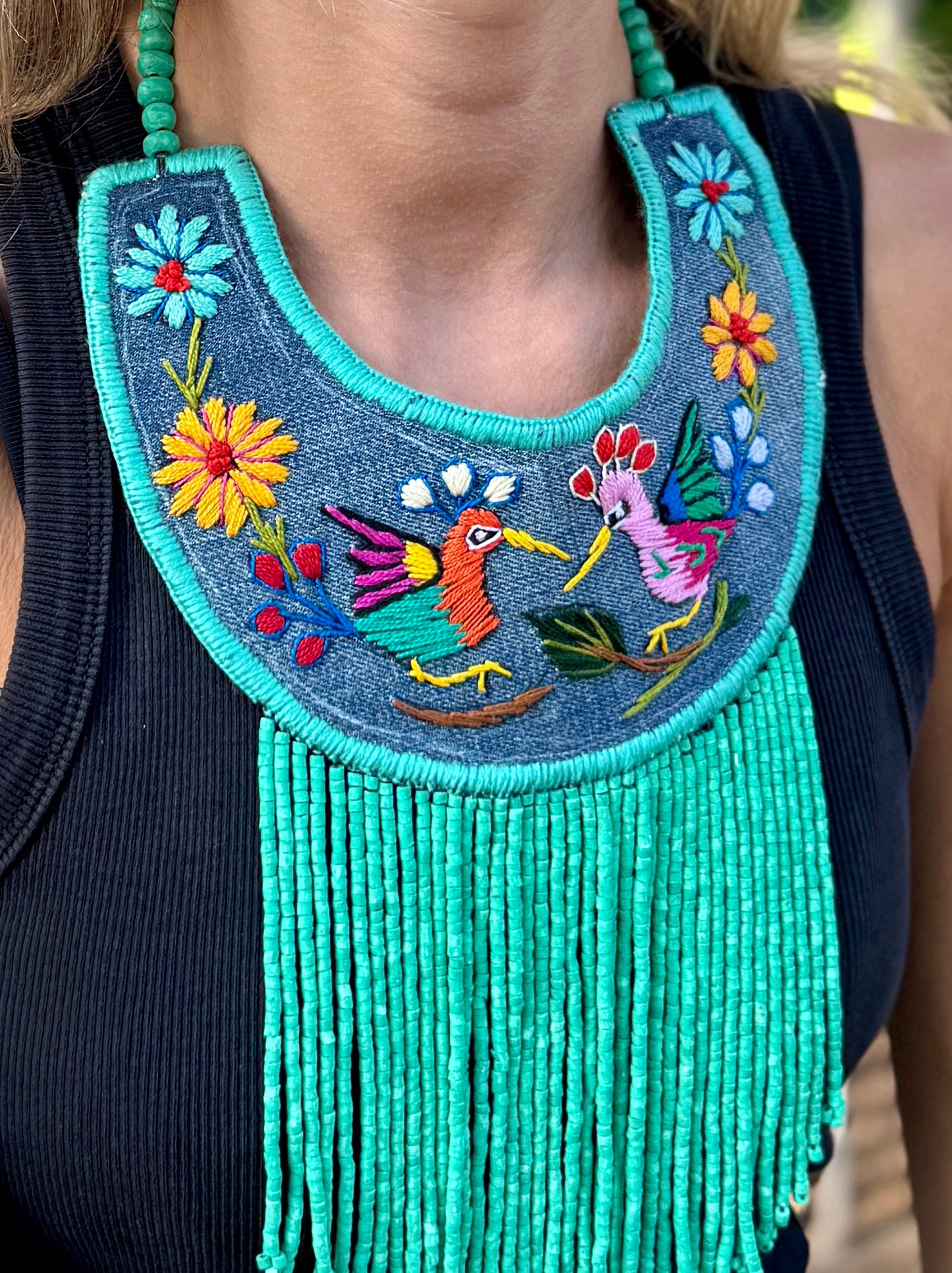Bib Necklace with Guatemalan Bird Quetzales Embroidery from Santiago with Ceramic Bead Fringes, turquesa