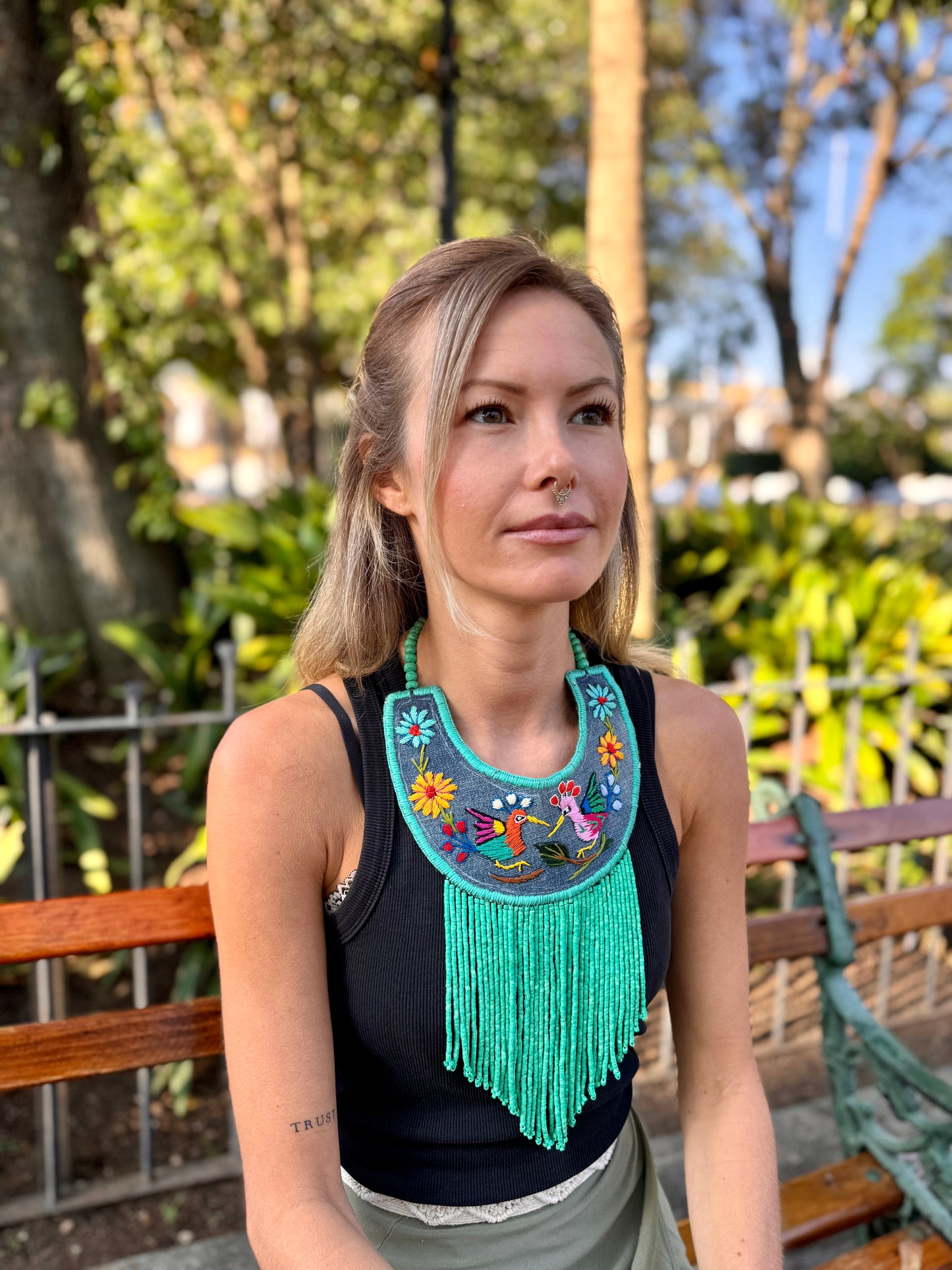 Bib Necklace with Guatemalan Bird Quetzales Embroidery from Santiago with Ceramic Bead Fringes, turquesa