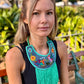 Bib Necklace with Guatemalan Bird Quetzales Embroidery from Santiago with Ceramic Bead Fringes, turquesa
