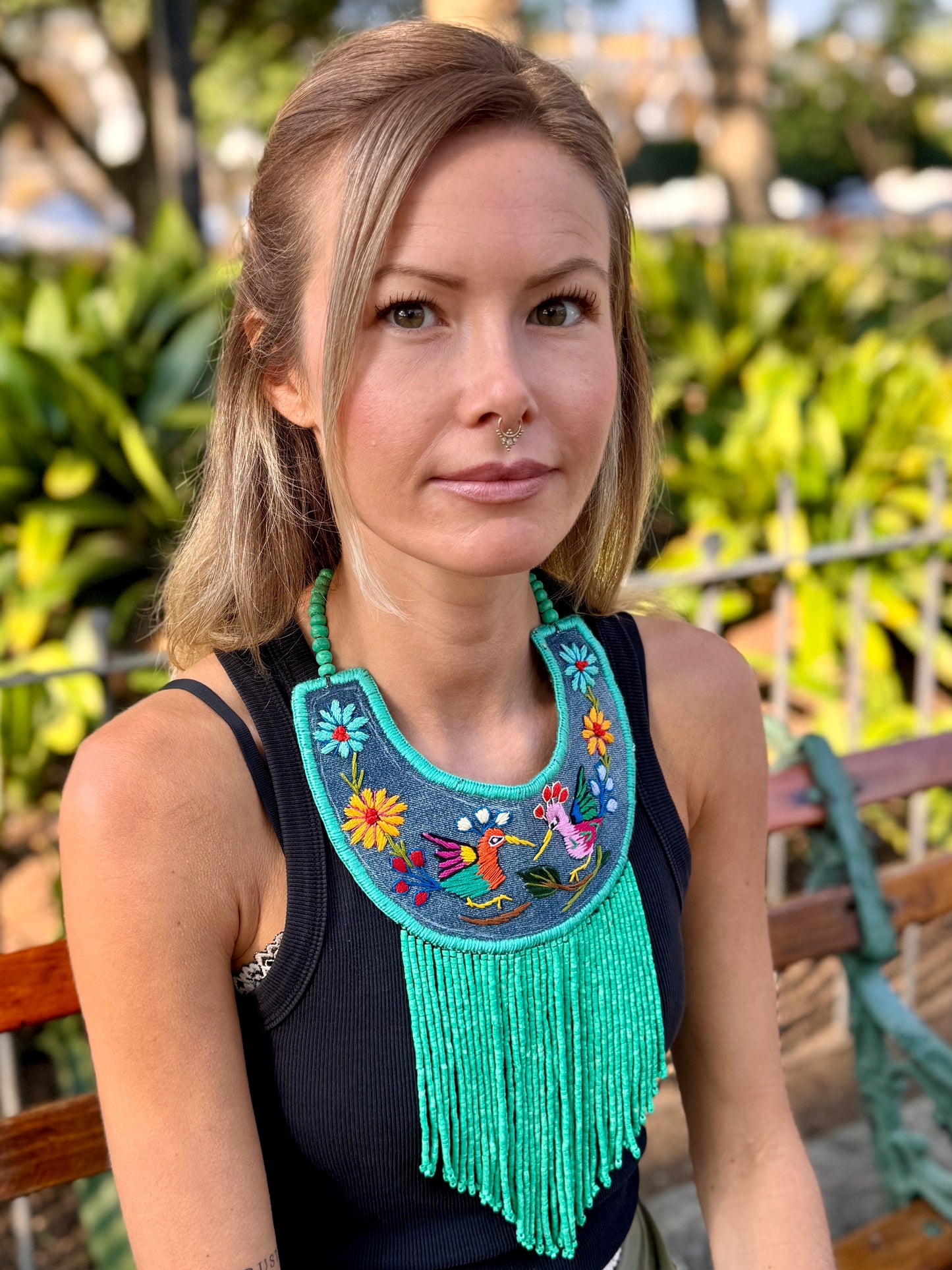 Bib Necklace with Guatemalan Bird Quetzales Embroidery from Santiago with Ceramic Bead Fringes, turquesa