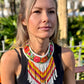 Bib Necklace with Guatemalan Floral Embroidery from Patzun with Ceramic Bead Fringes, white & yellow