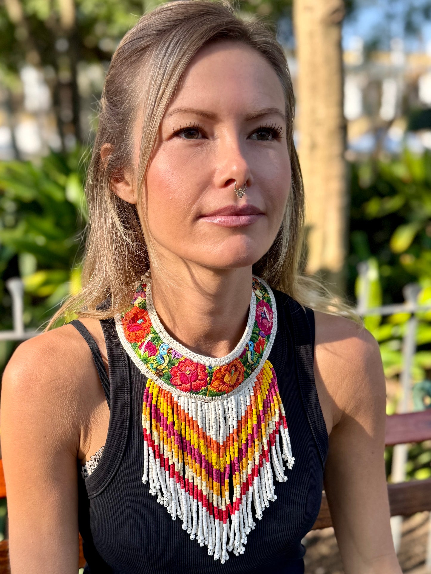 Bib Necklace with Guatemalan Floral Embroidery from Patzun with Ceramic Bead Fringes, white & yellow