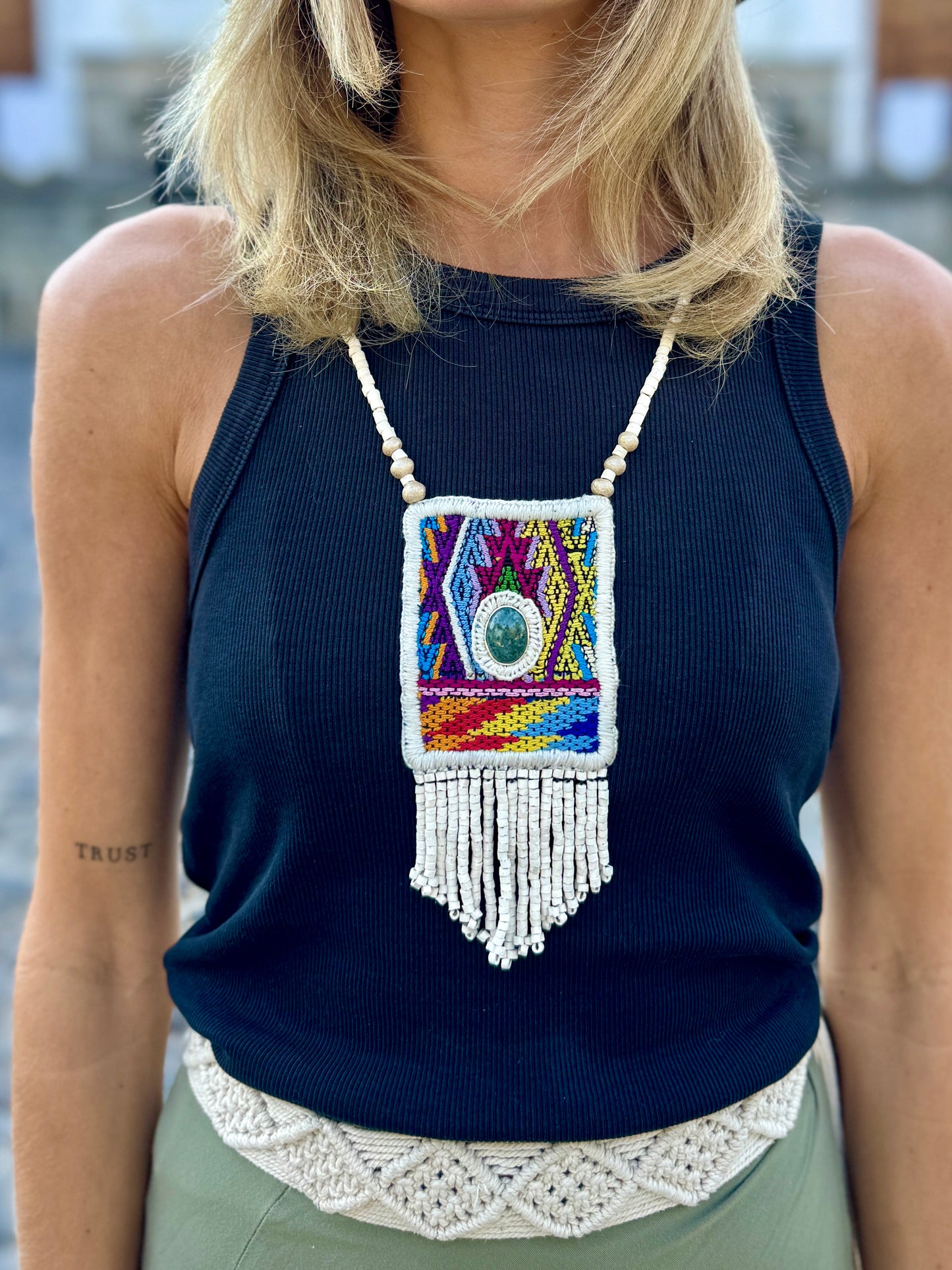 Vintage Chichicastenango Textile Pendant Necklace with Jade & Bead Fringe, white/multicolor