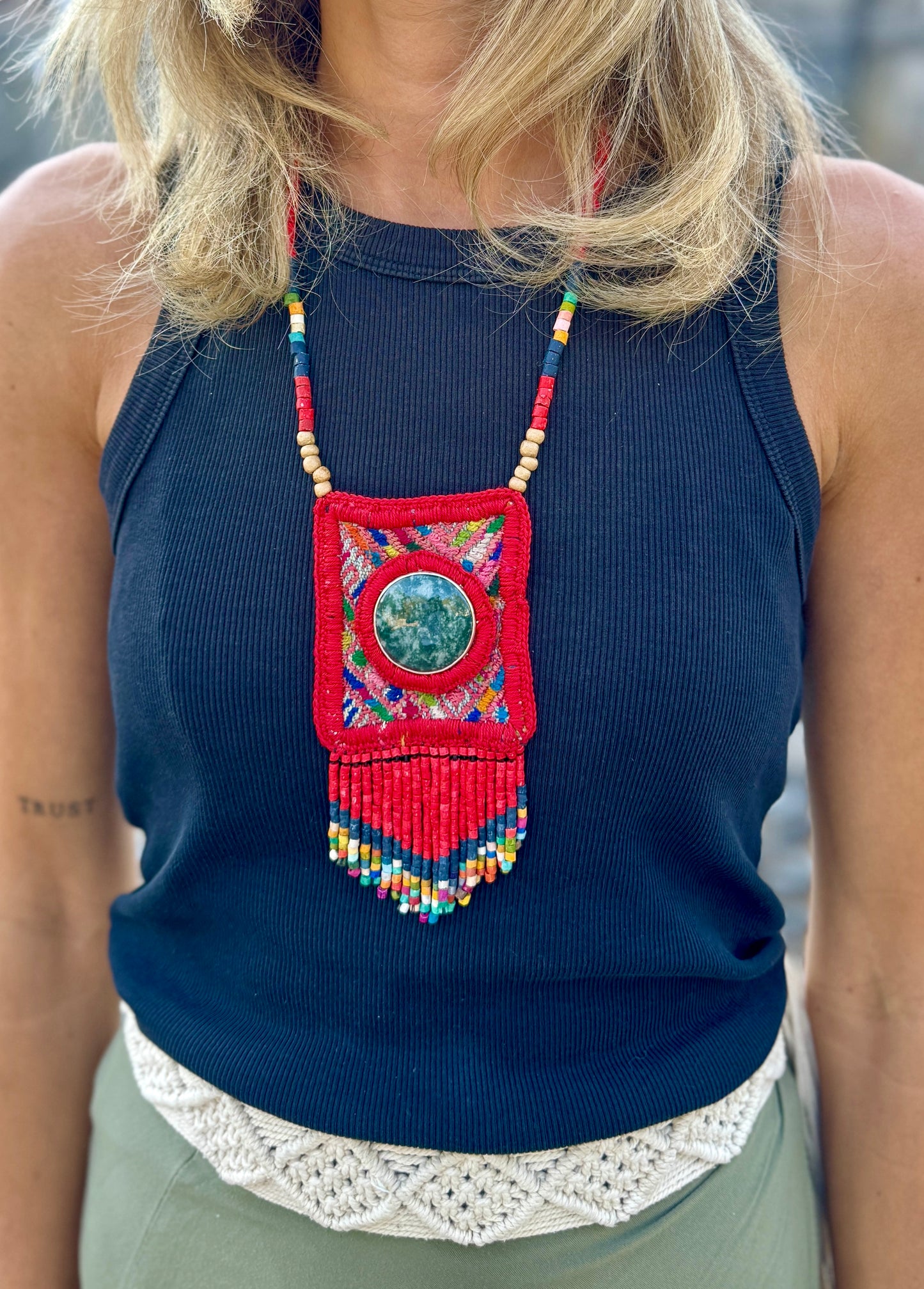 Vintage Chichicastenango Textile Pendant Necklace with Jade & Bead Fringe, red