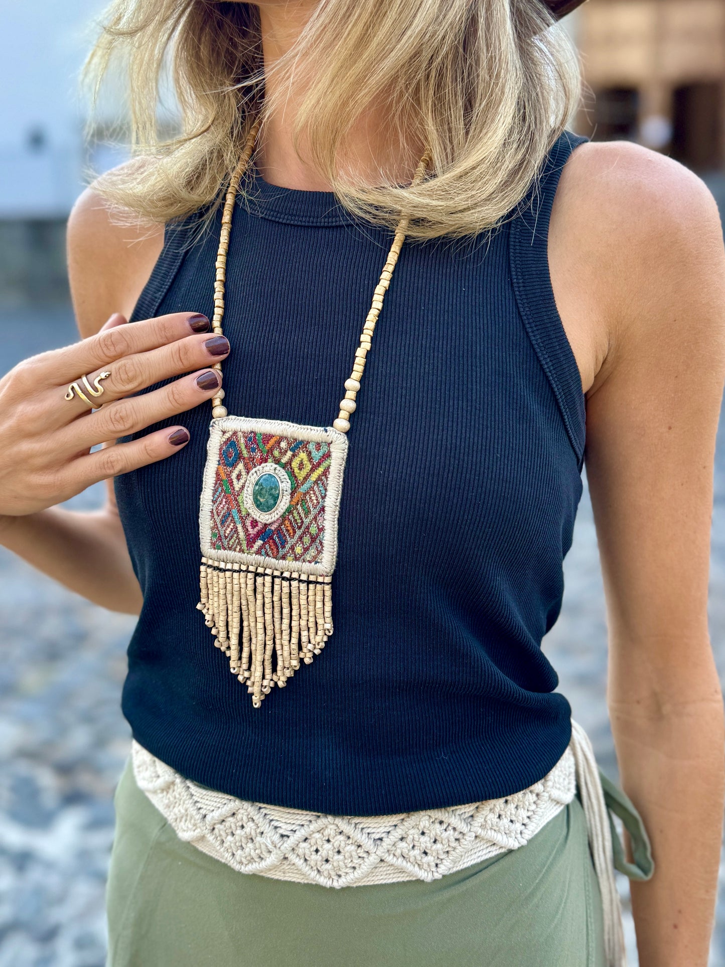 Vintage Chichicastenango Textile Pendant Necklace with Jade & Bead Fringe, golden beige