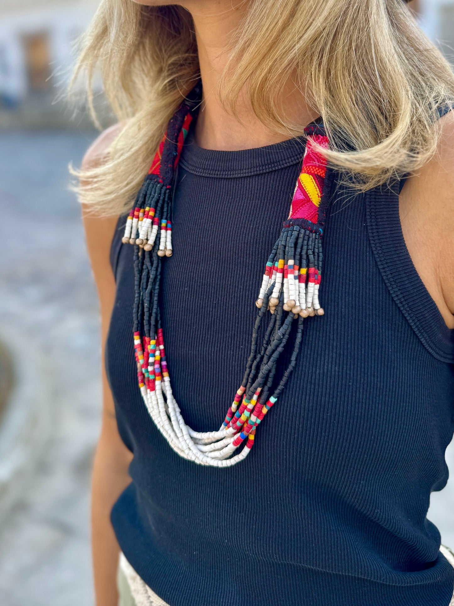 Multi-Strand Ceramic Bead with Ceremonial Textile Necklace, black & white