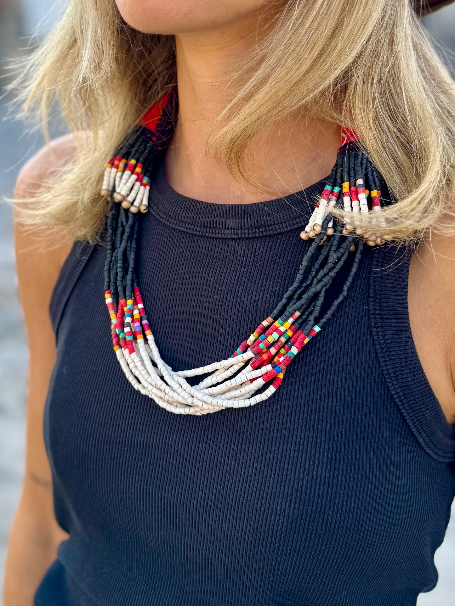 Multi-Strand Ceramic Bead with Ceremonial Textile Necklace, black & white