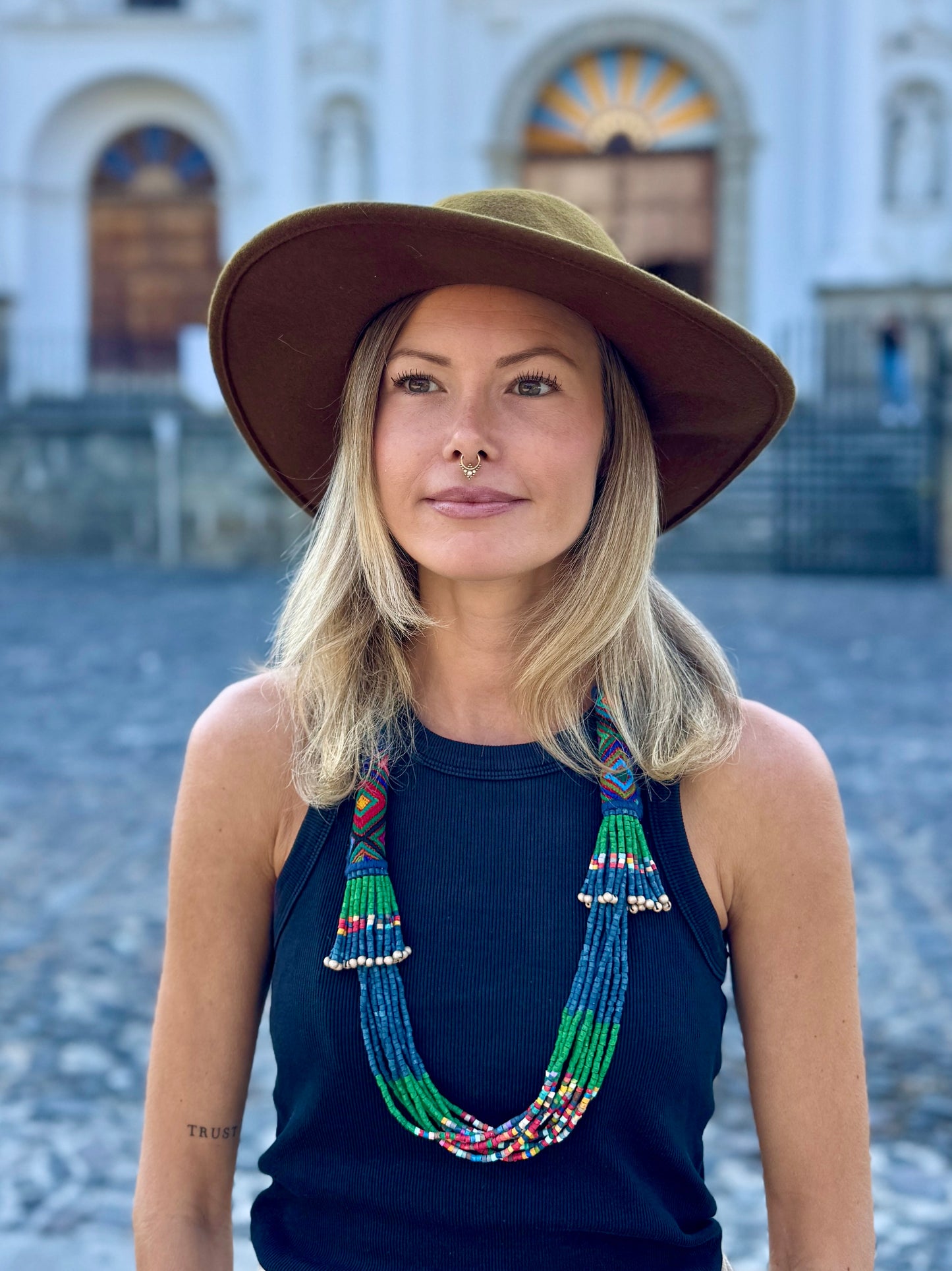 Multi-Strand Ceramic Bead with Ceremonial Textile Necklace, navy & green