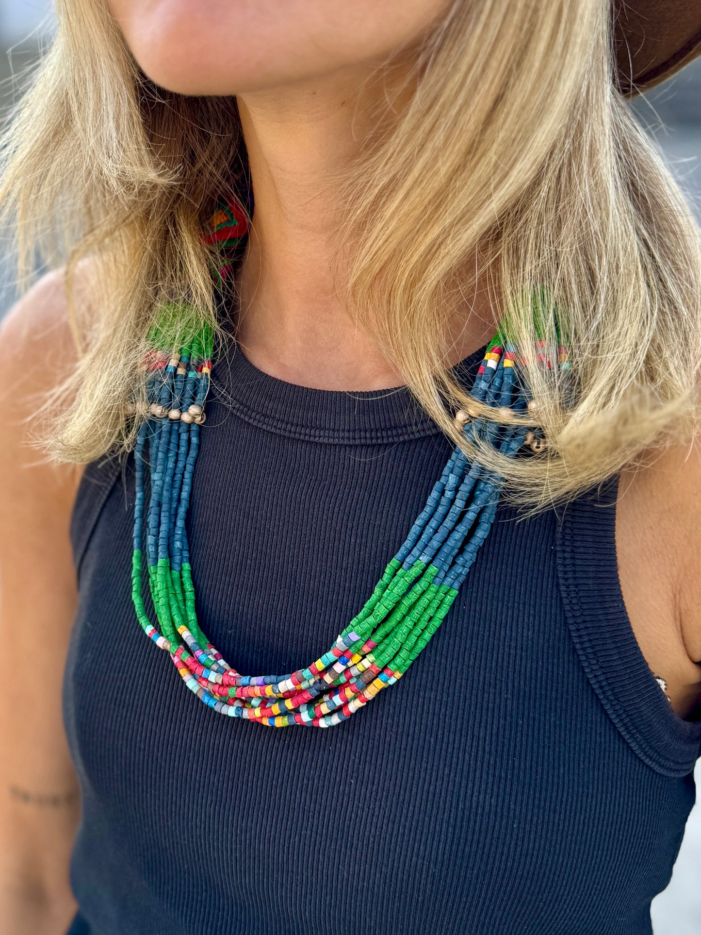 Multi-Strand Ceramic Bead with Ceremonial Textile Necklace, navy & green