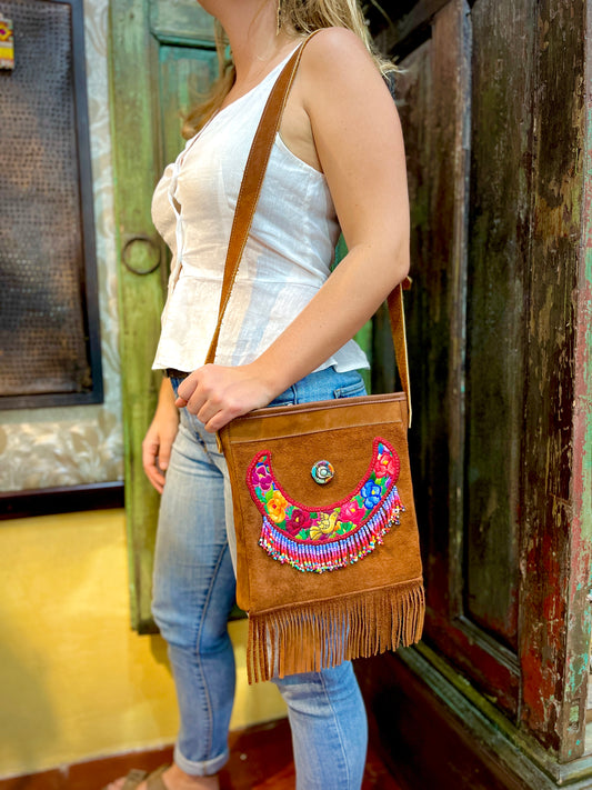 Adjustable Messenger Bag - "Jade goddess", brown suede leather