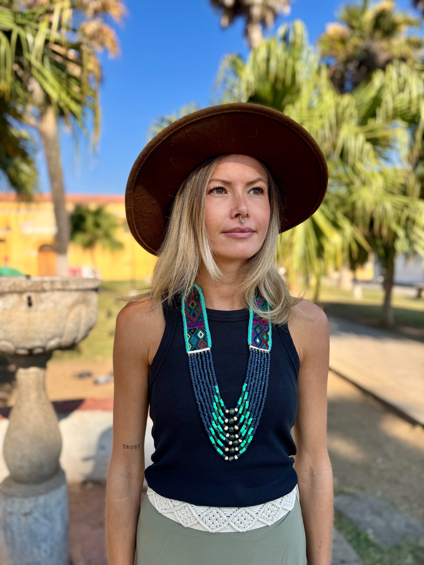 Adjustable Guatemalan Ceremonial Textile Necklace with Jade & Ceramic Beads, ocean shades