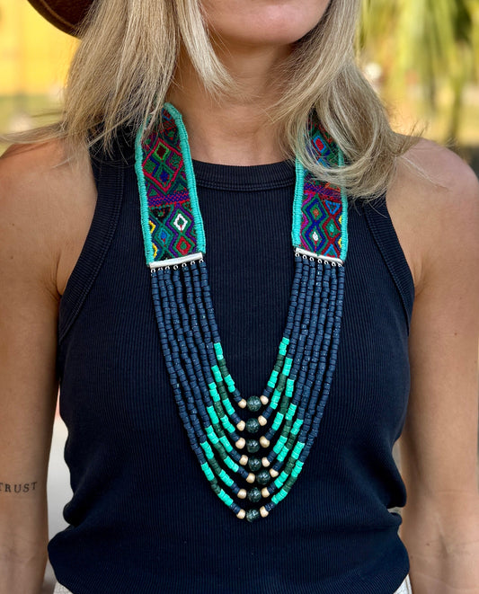 Adjustable Guatemalan Ceremonial Textile Necklace with Jade & Ceramic Beads, ocean shades