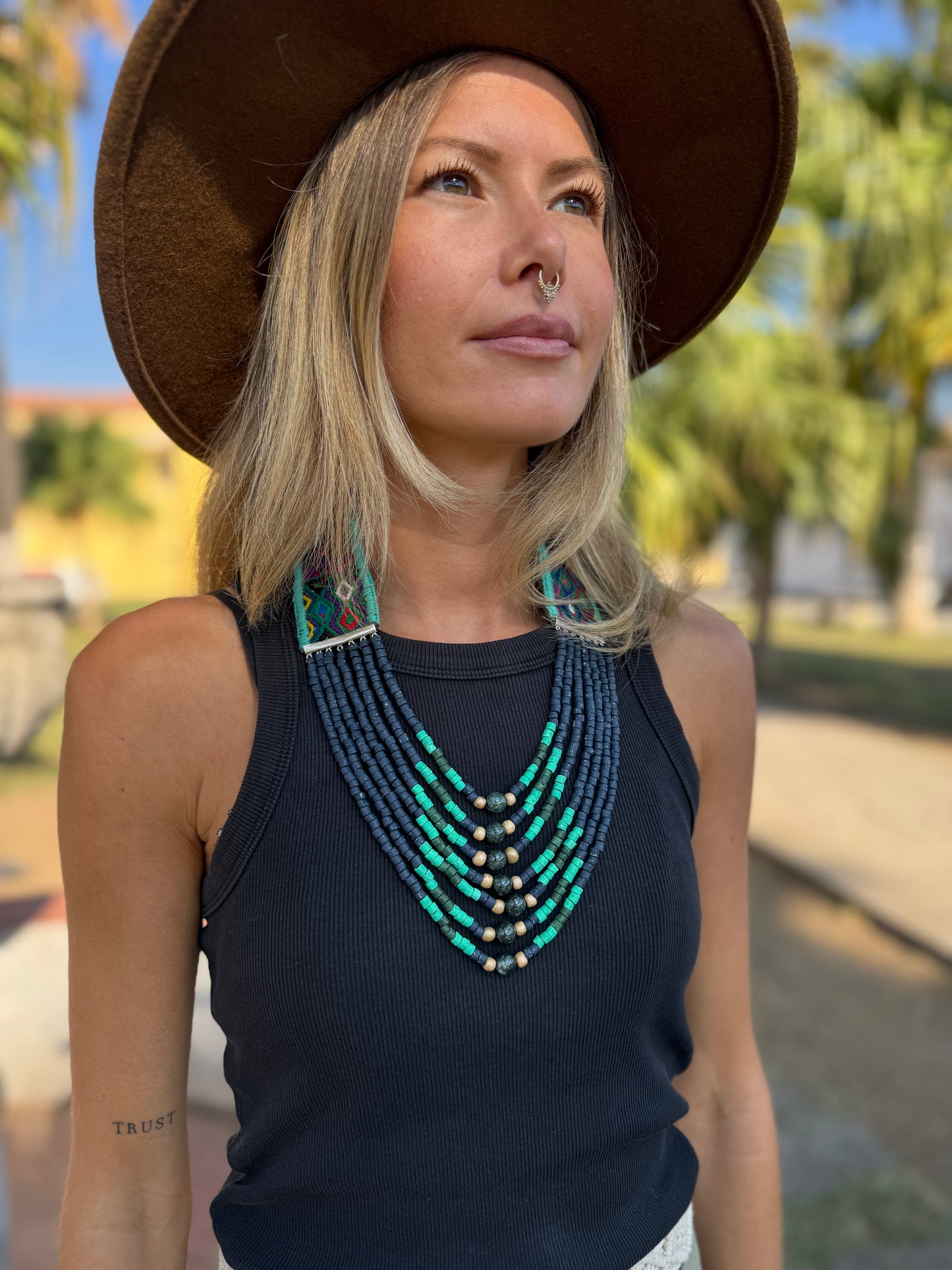 Adjustable Guatemalan Ceremonial Textile Necklace with Jade & Ceramic Beads, ocean shades