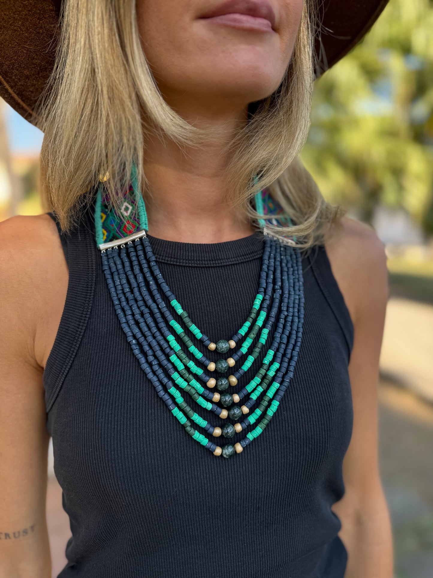 Adjustable Guatemalan Ceremonial Textile Necklace with Jade & Ceramic Beads, ocean shades