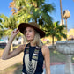 Adjustable Ceramic Beaded Strand Necklace with Vintage Chichi Huipil Textile, gold/black