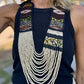 Adjustable Ceramic Beaded Strand Necklace with Vintage Chichi Huipil Textile, gold/black