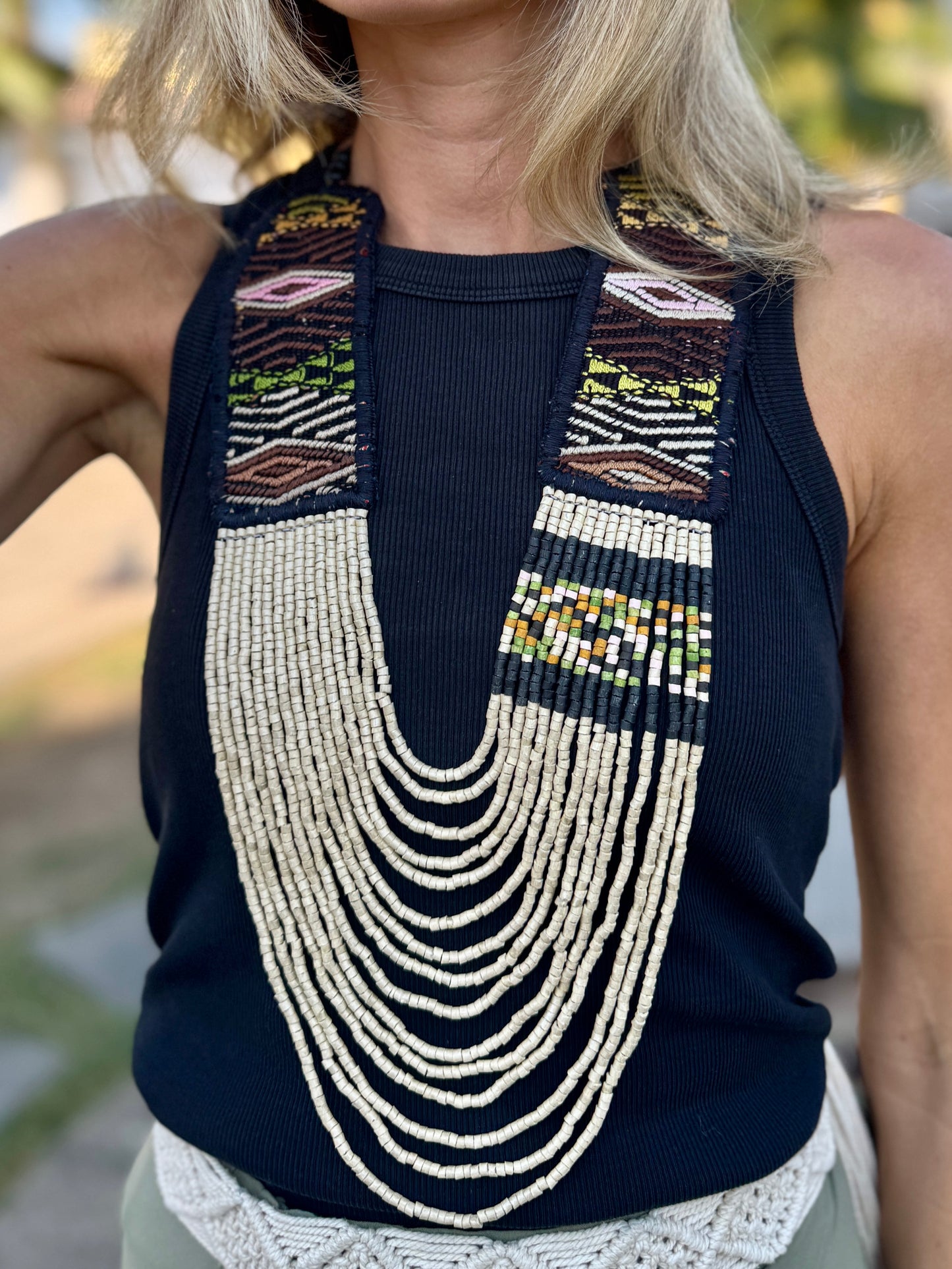 Adjustable Ceramic Beaded Strand Necklace with Vintage Chichi Huipil Textile, gold/black
