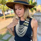 Adjustable Ceramic Beaded Strand Necklace with Vintage Chichi Huipil Textile, gold/black
