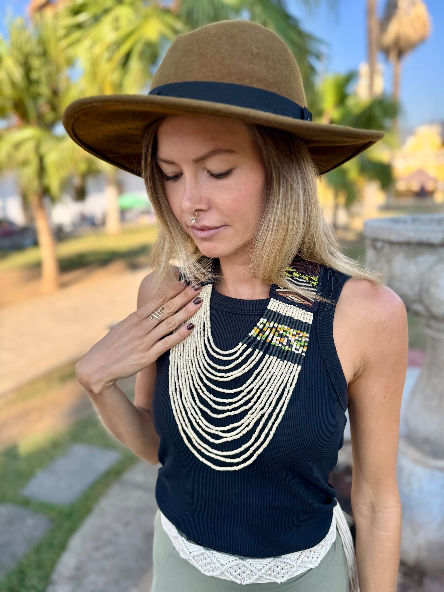 Adjustable Ceramic Beaded Strand Necklace with Vintage Chichi Huipil Textile, gold/black